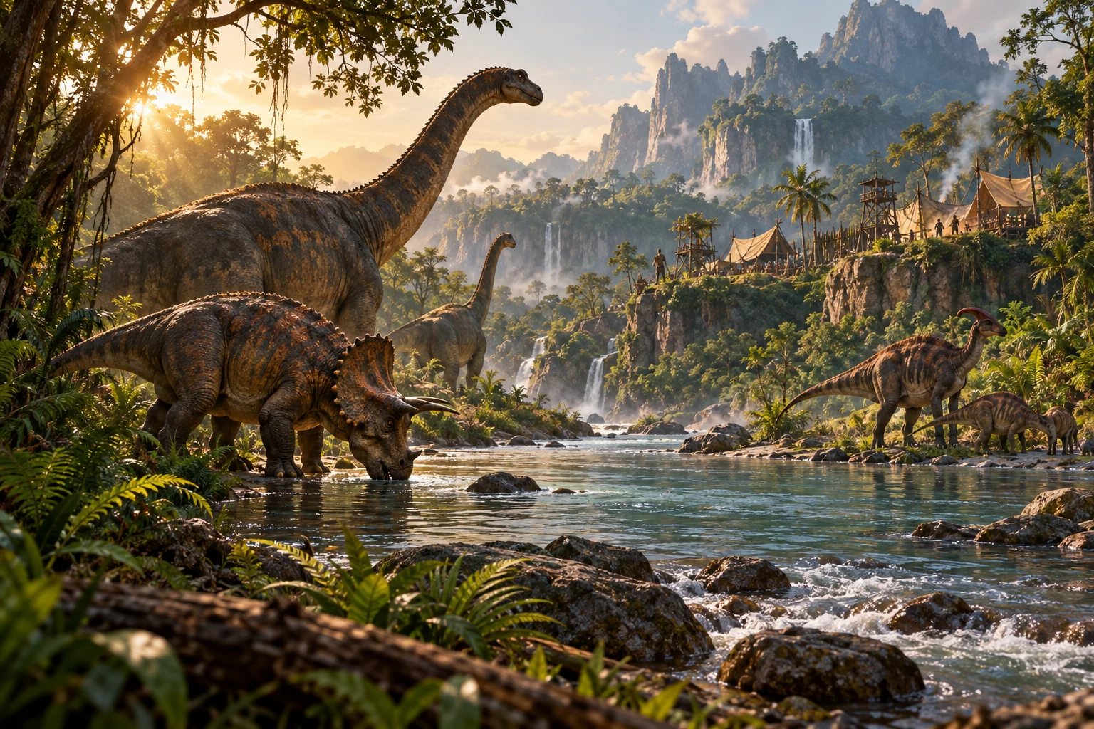 Ilustração de dinossauros junto a um rio em uma ilha tropical